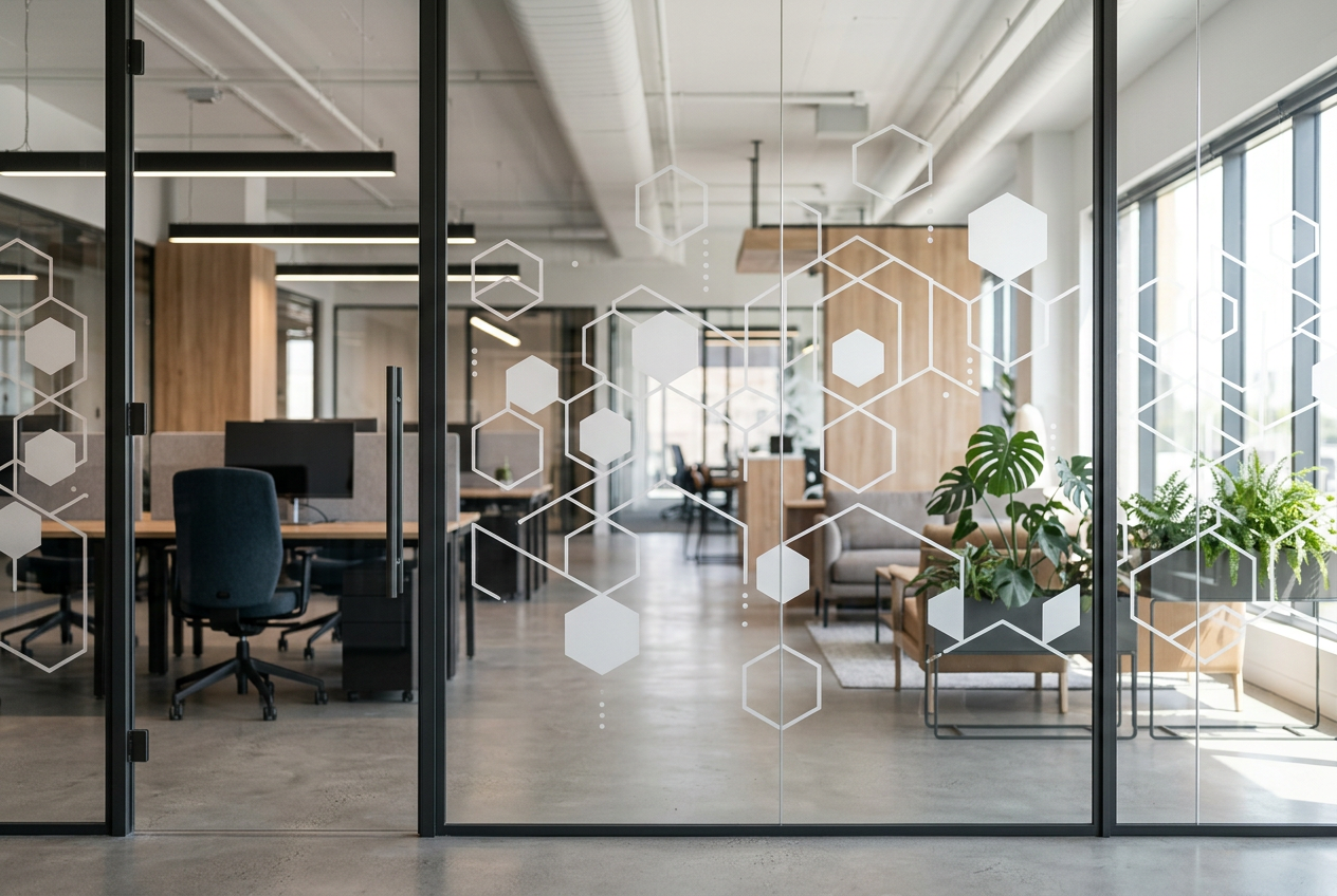 Film décoratif à motifs géométriques sur vitrage de bureau